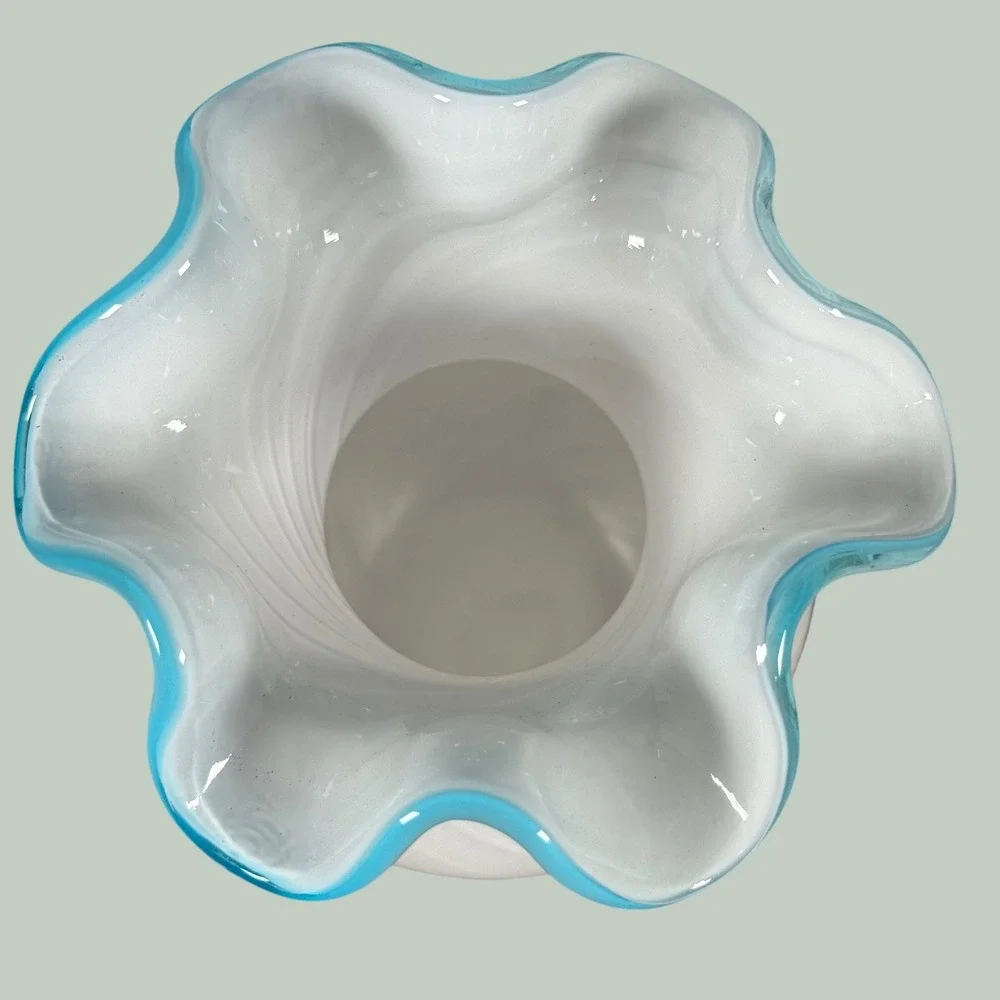 Fenton Cabbage Rose Opalescent Swirl Glass Vase Ruffled Blue Crest 6.5